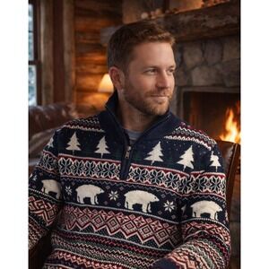 ASPEN Fair Isle Polar Bear Sweater Mens XL 1/4 Zip‎ Nordic Winter Cotton